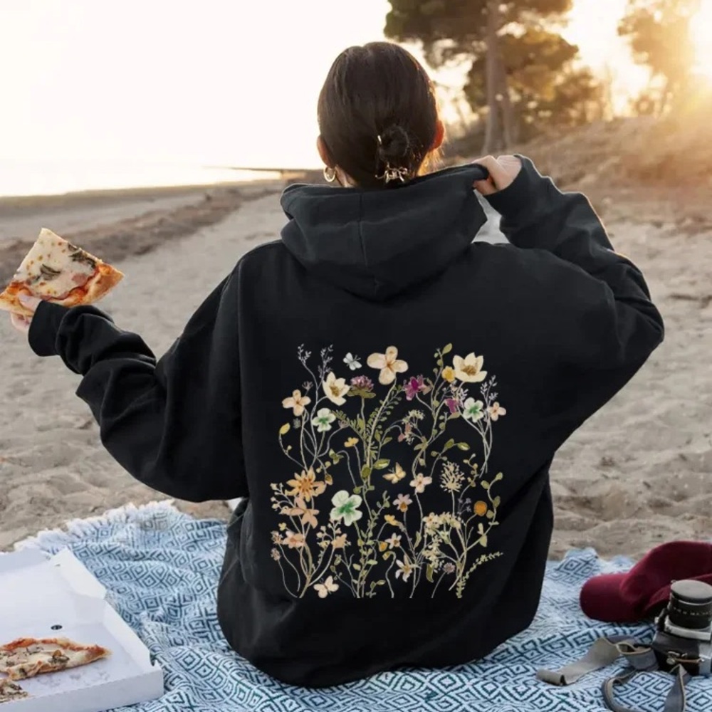 SHEIN Oversized Black Oversized Boho Wildflowers Black Hoodie Sweatshirt Size 2X